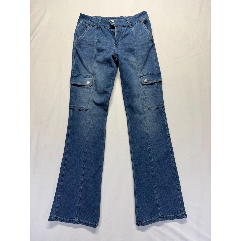 Almost Famous Cargo Jeans Women 9 Blue Denim Cotton Stretch Mid Rise Bootcut Leg